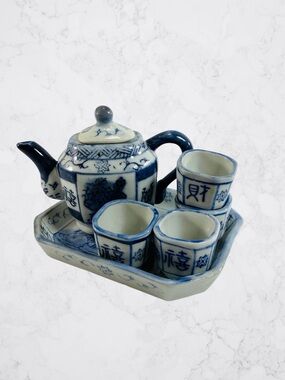 Vintage Miniature Asian Teapot Tea Cups Tray Blue White Dollhouse 6 Piece